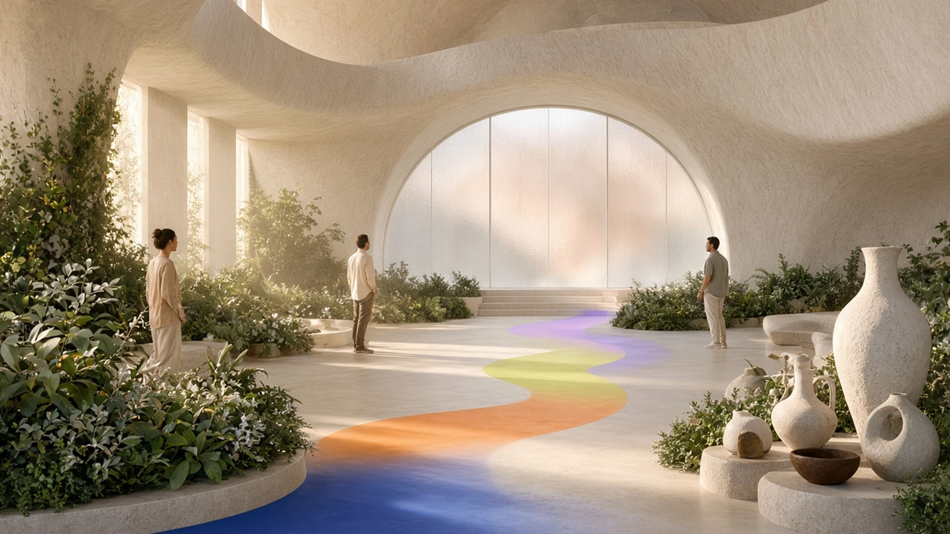 A bright curved atrium with a colored light path leading toward an open doorway